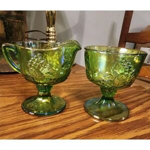 Vintage Iridescent Green Indiana Carnival Uranium Glow Glass Cream And Sugar Set